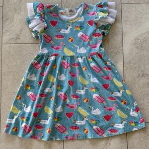 Lola + The Boys Blue Dress with Pink, White, Yellow Float Prints